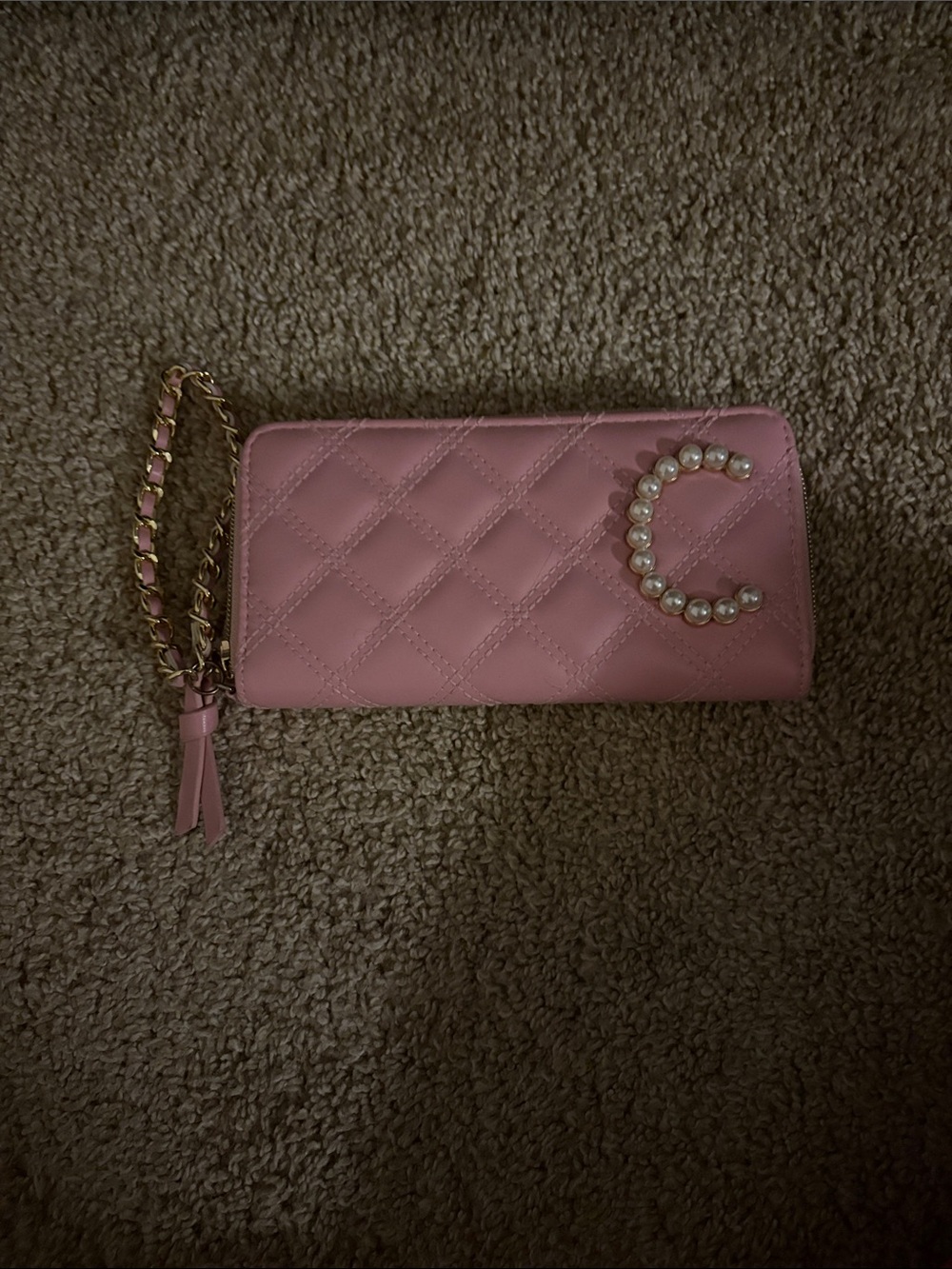 Amazon Pink Quilted Pearl C Wristlet with Gold Chain